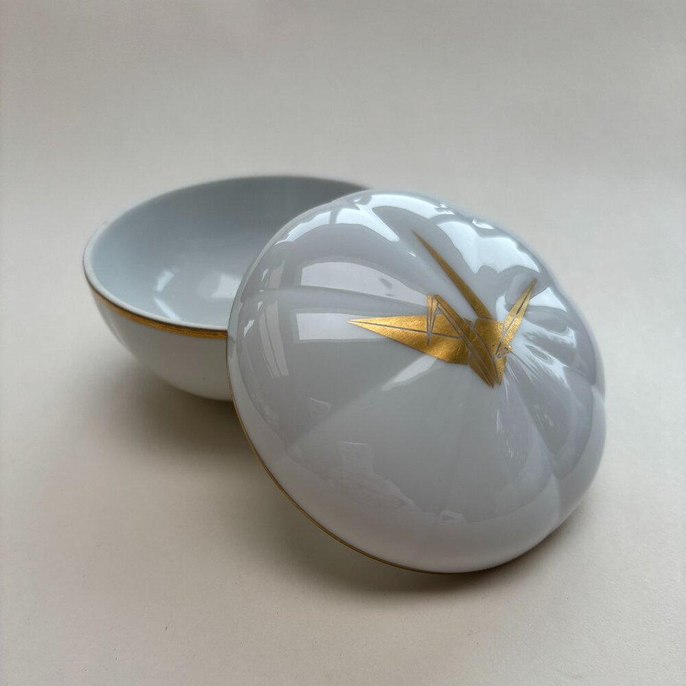 Vintage Ceramic Lidded Bowl with Golden Crane Emblem